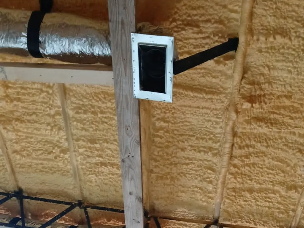 Insulated flex duct and ceiling register in a spray-foam attic