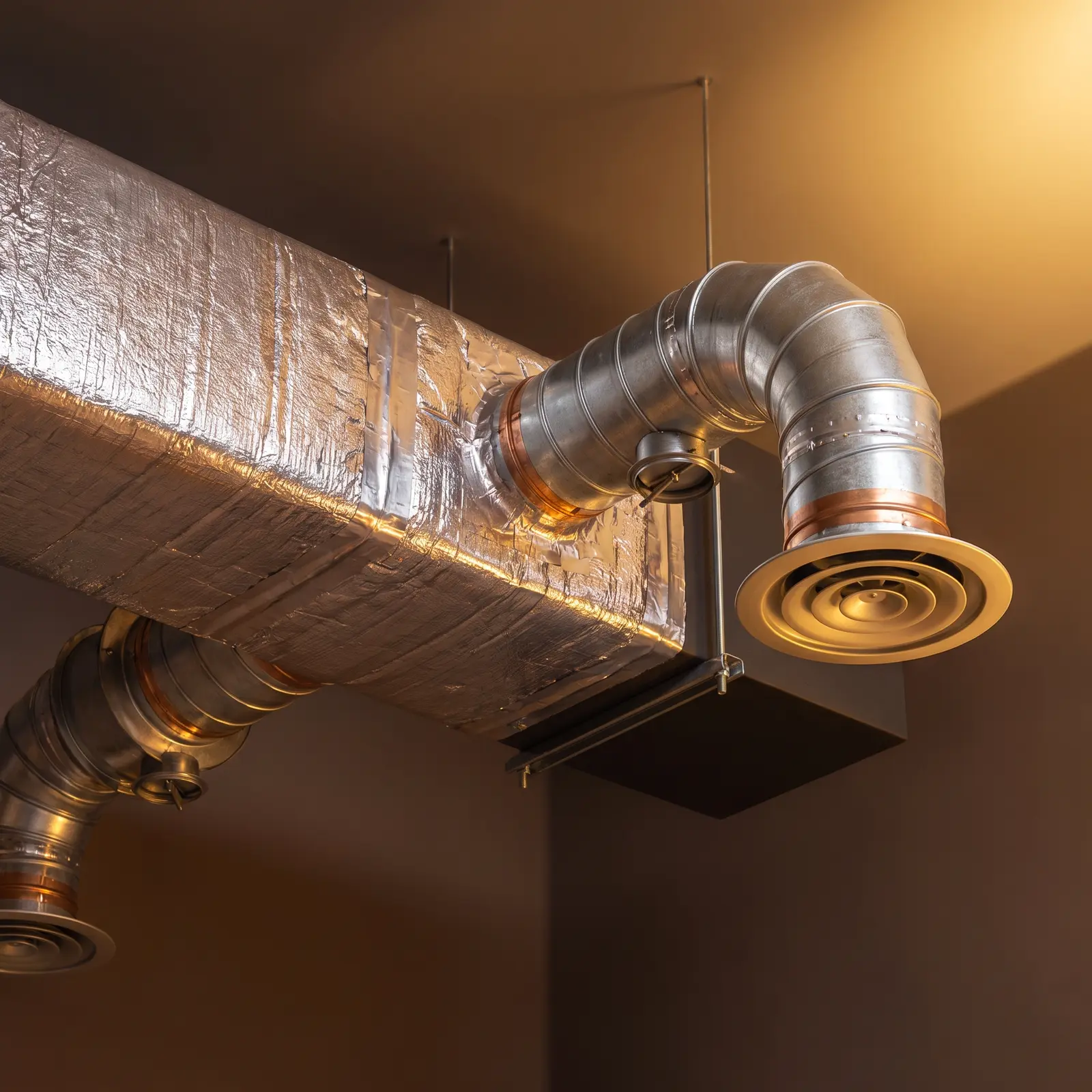 Insulated trunk line with a spiral branch duct and gold ceiling register