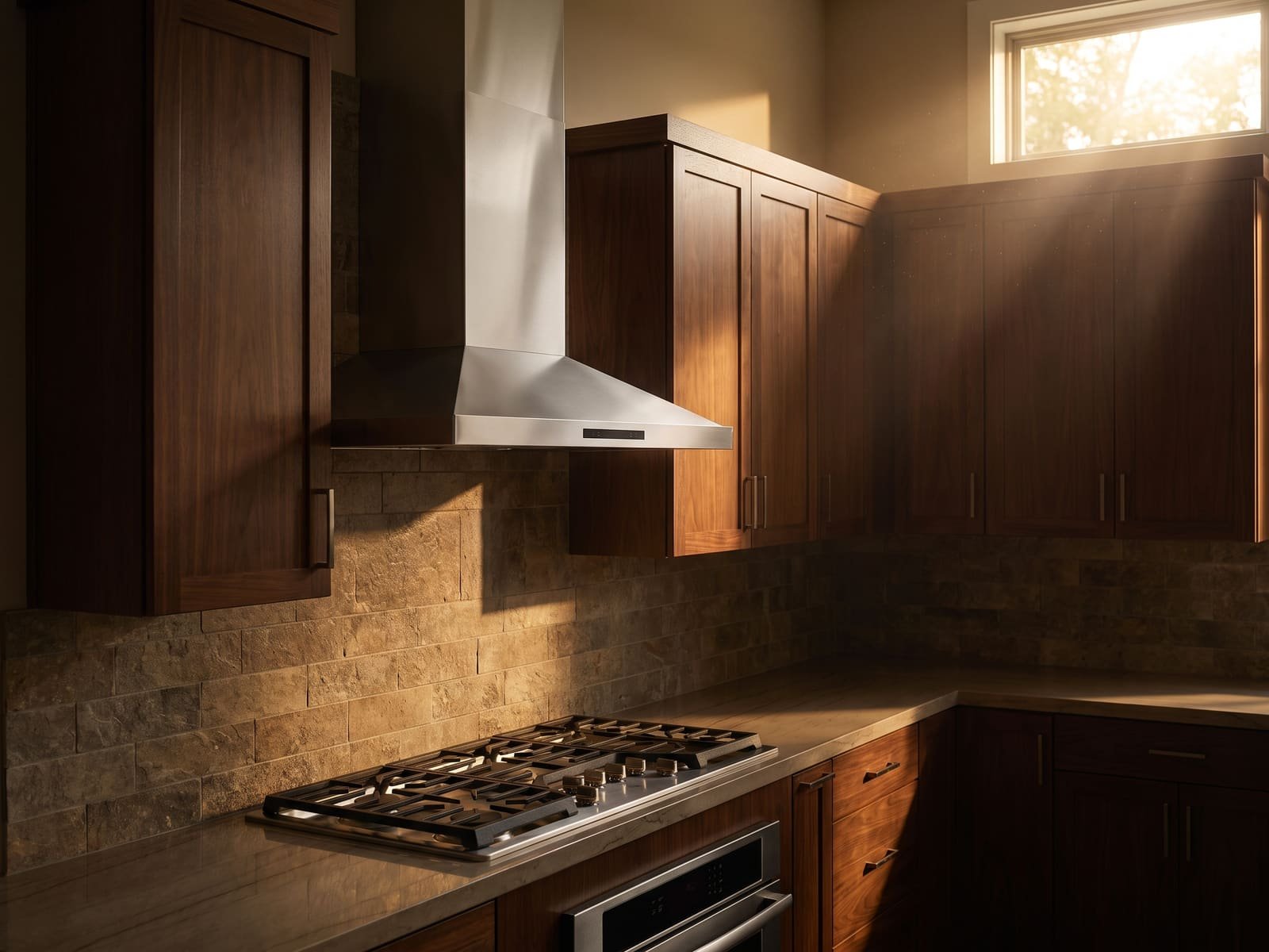 Stainless steel range hood over a range in a warm modern kitchen